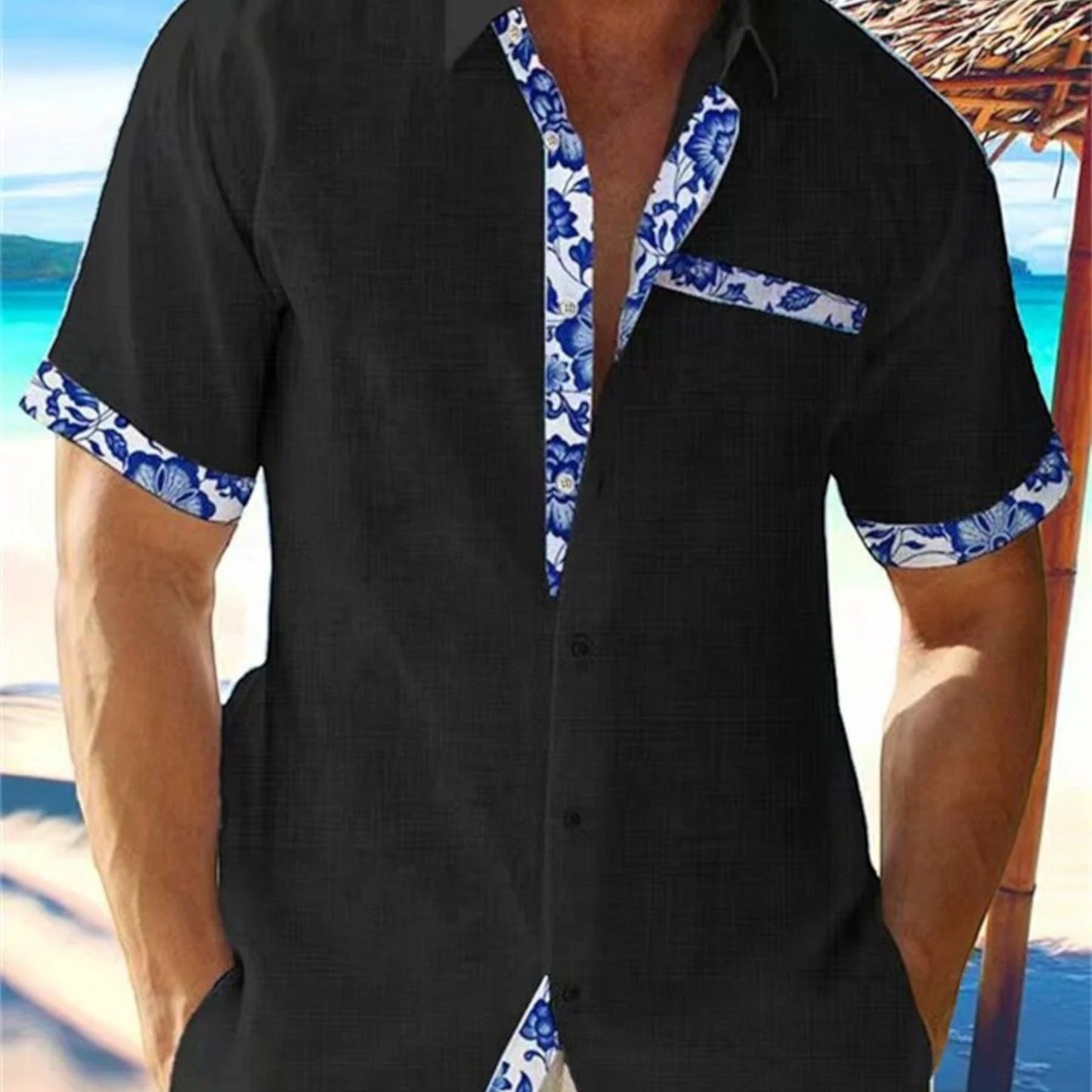 Niklas | Chemise Homme Été Lin Confortable Unie avec Détails Floraux Bleus Col Revers Boutonné