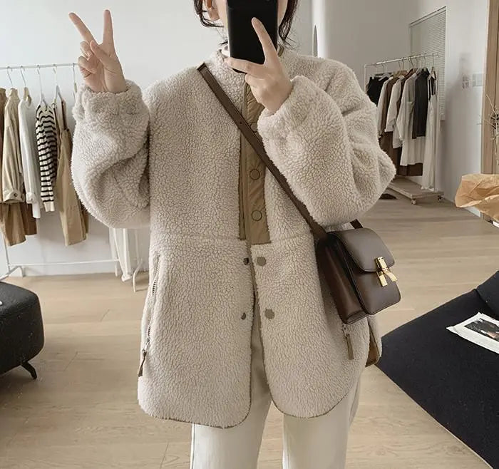 Yolande | Veste Femme Douillette Beige Boutonnée, Oversized Chic & Confortable