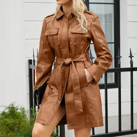 Isabelle | Manteau Femme Mi-Long Élégant, Coupe Cintrée, Col Pointu, Épaulettes et Multiples Poches