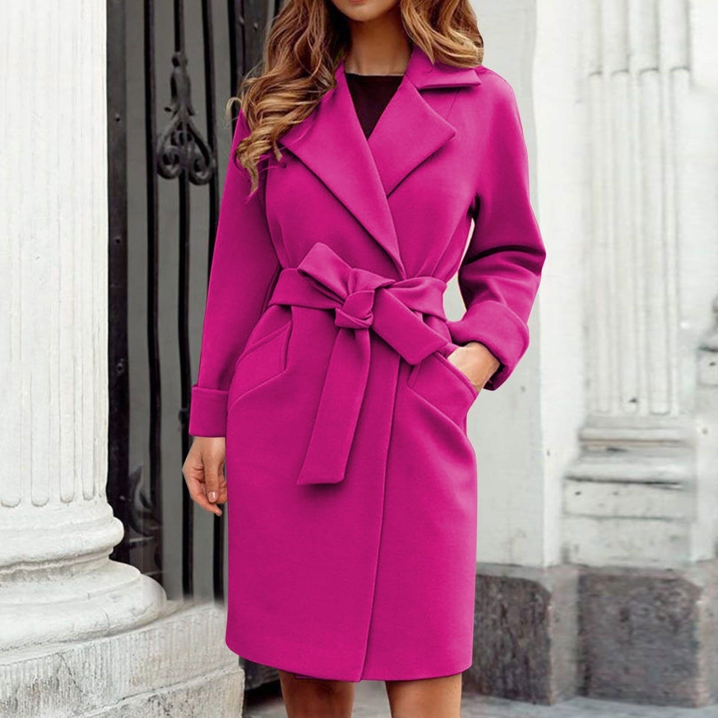 Cléandre | Manteau long classique femme à ceinture et col à revers