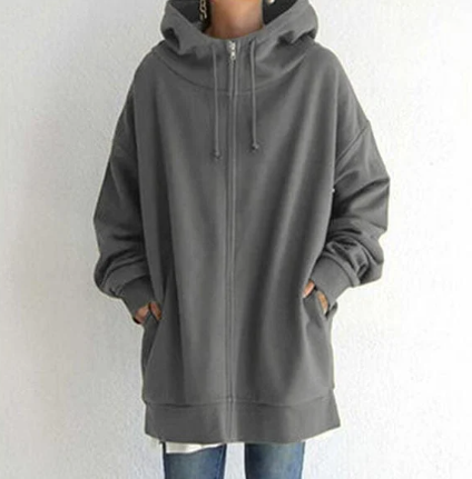 Ismérie | Veste à Capuche Femme Zippée Longue Coupe Ample avec Cordon, Style Décontracté & Confortable