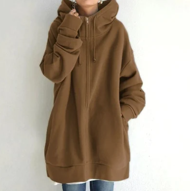 Ismérie | Veste à Capuche Femme Zippée Longue Coupe Ample avec Cordon, Style Décontracté & Confortable