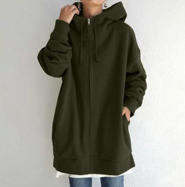 Ismérie | Veste à Capuche Femme Zippée Longue Coupe Ample avec Cordon, Style Décontracté & Confortable