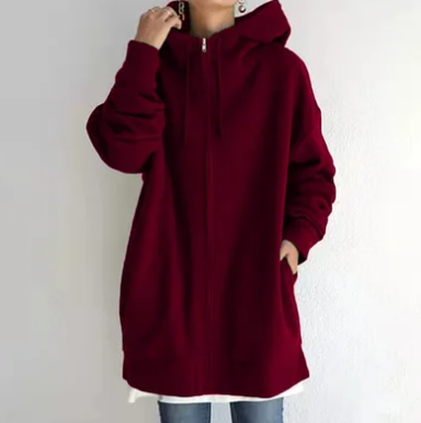 Ismérie | Veste à Capuche Femme Zippée Longue Coupe Ample avec Cordon, Style Décontracté & Confortable
