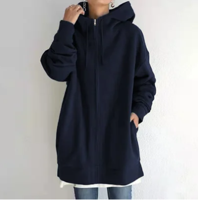 Ismérie | Veste à Capuche Femme Zippée Longue Coupe Ample avec Cordon, Style Décontracté & Confortable