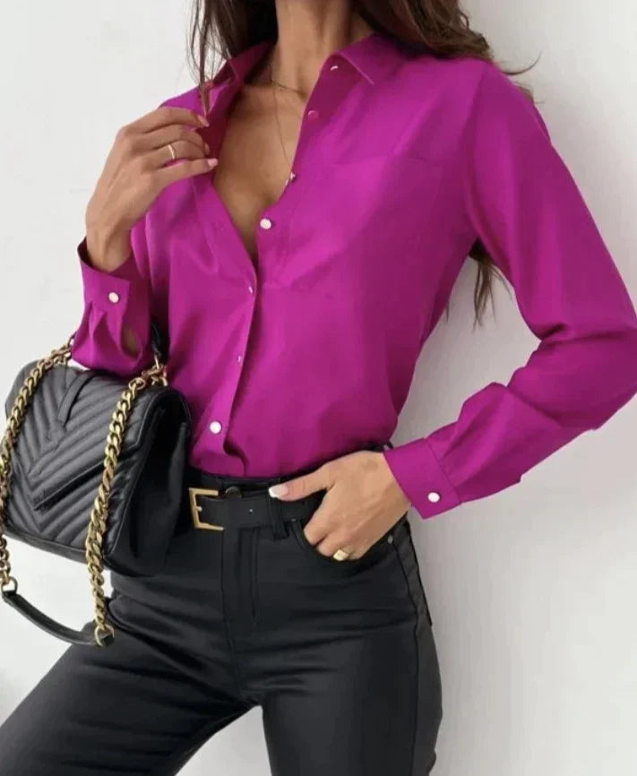 Arlène | Blouse Femme Élégante à Manches Longues avec Col à Revers et Boutons – Tissu Léger Idéal Bureau