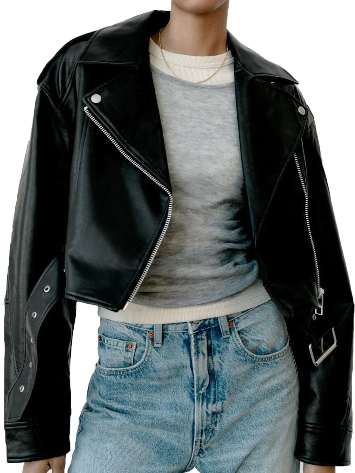 Alarie | Veste Biker Femme Cropped avec Fermeture Asymétrique, Ceinture Taille et Poches Poitrine