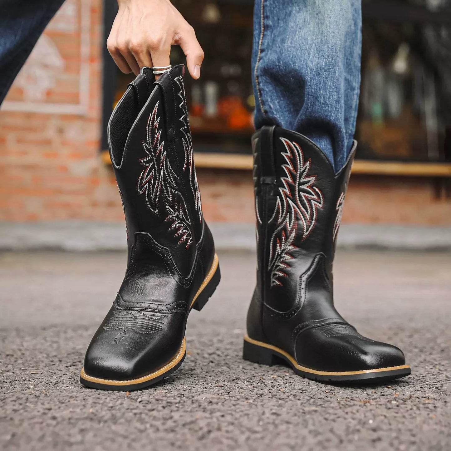 Melrose | Bottes Homme Western Cowboy Mi-Mollet à Bout Carré avec Broderies Classiques