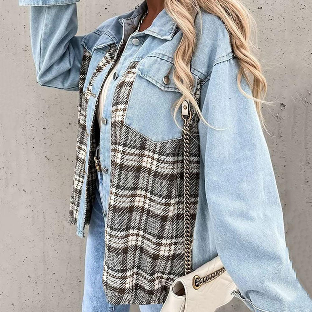 Audrey | Veste Plaid Femme à Col Classique et Boutons | Style Décontracté Chic