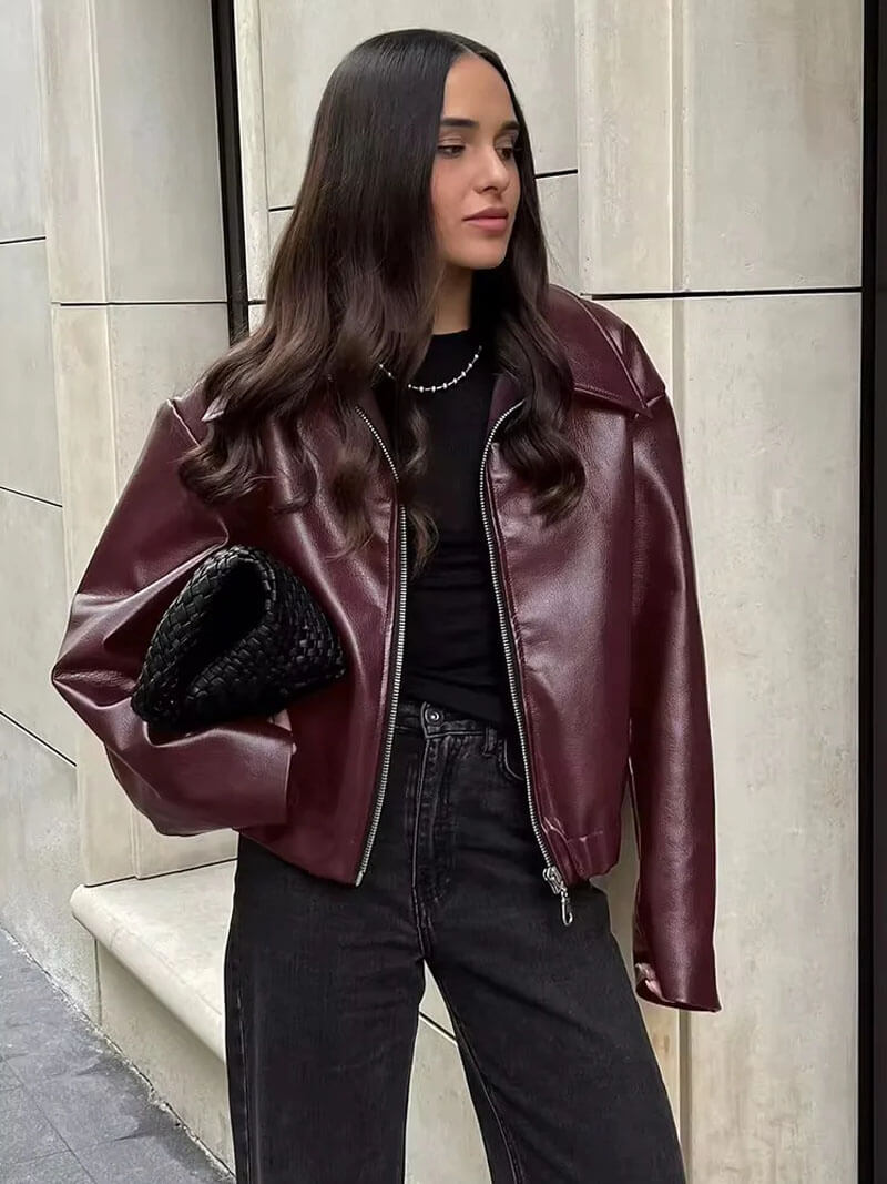 Magdeleine | Veste Femme Simili Cuir Oversize Bordeaux Zippée