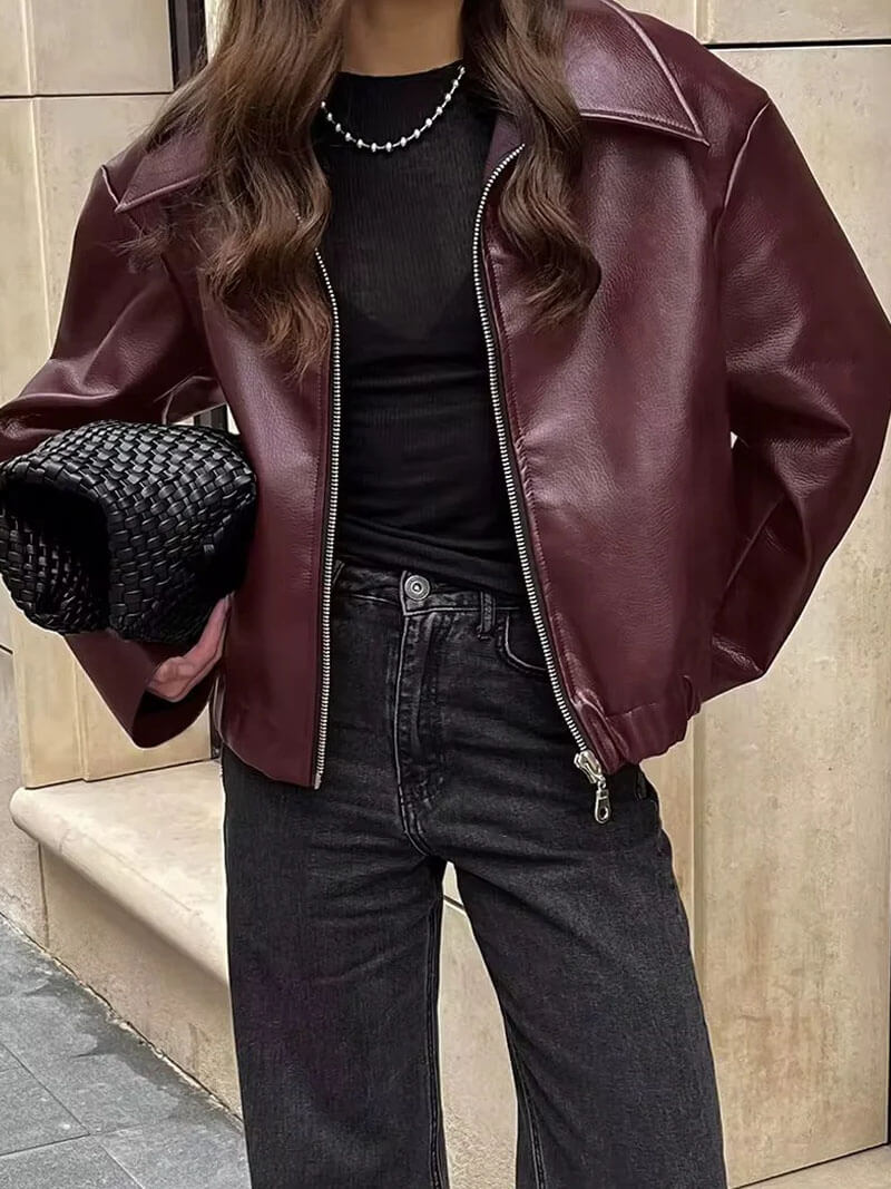 Magdeleine | Veste Femme Simili Cuir Oversize Bordeaux Zippée