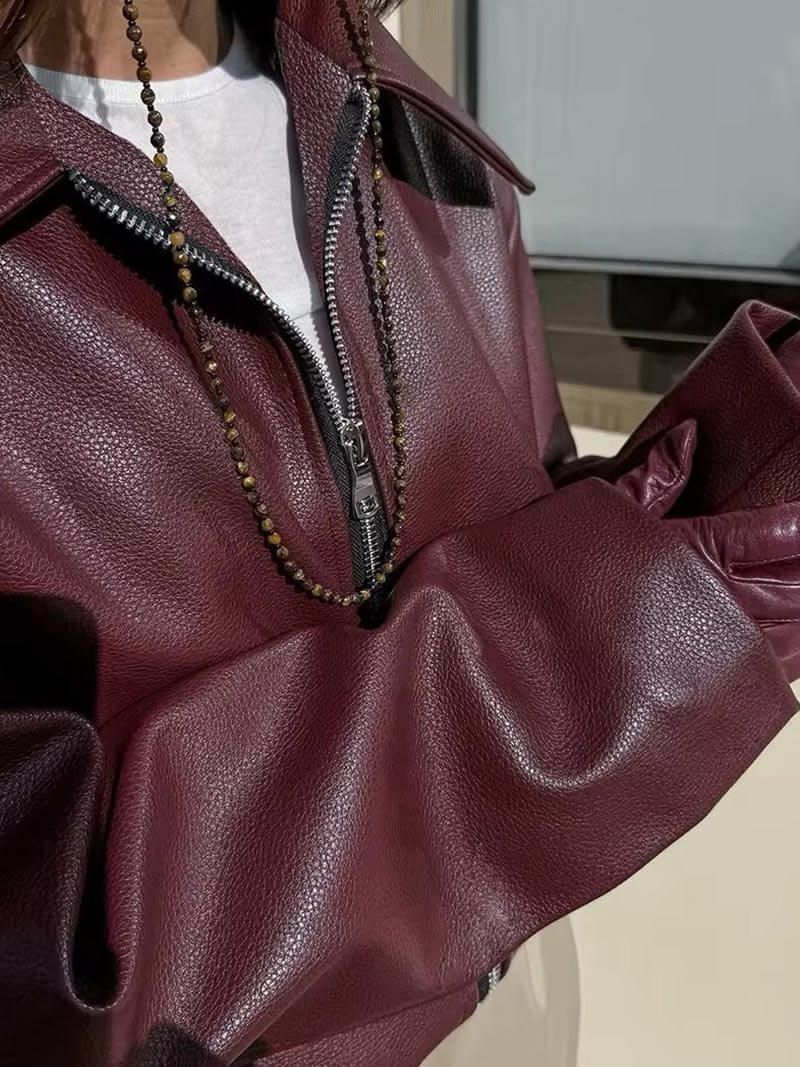 Magdeleine | Veste Femme Simili Cuir Oversize Bordeaux Zippée