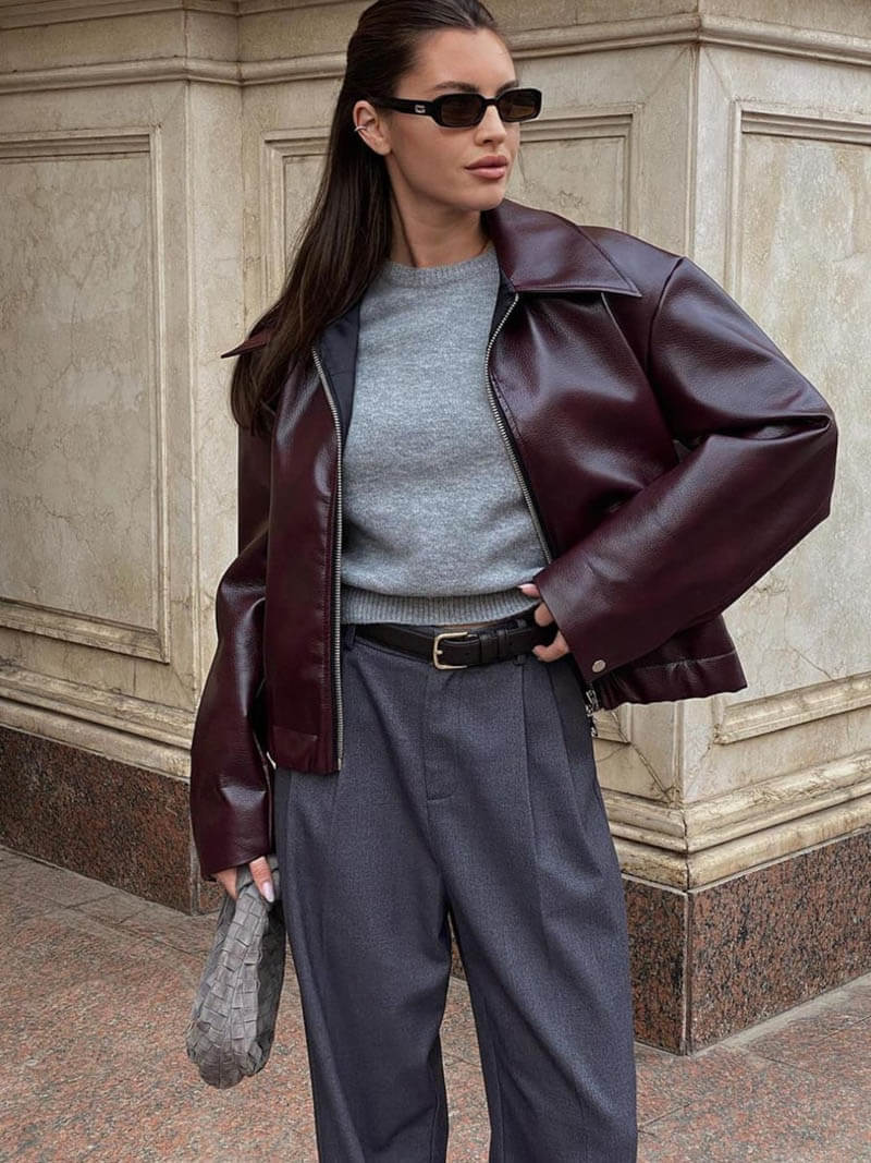 Magdeleine | Veste Femme Simili Cuir Oversize Bordeaux Zippée