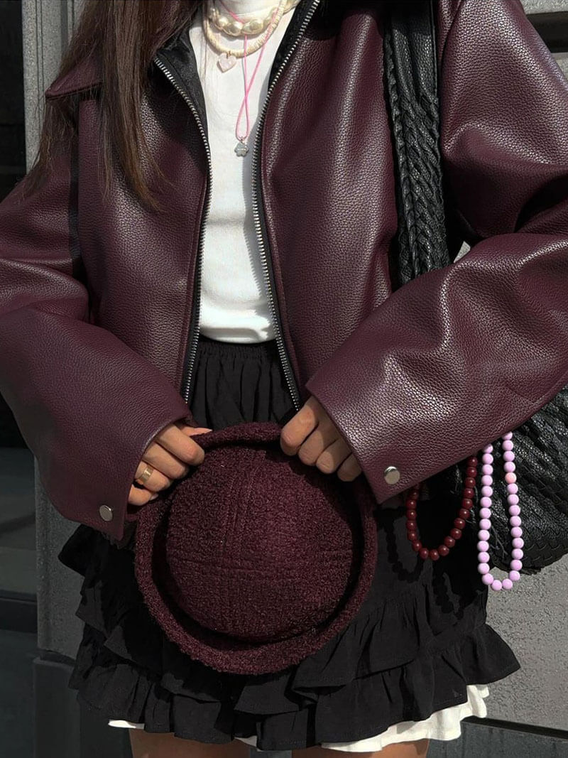 Magdeleine | Veste Femme Simili Cuir Oversize Bordeaux Zippée