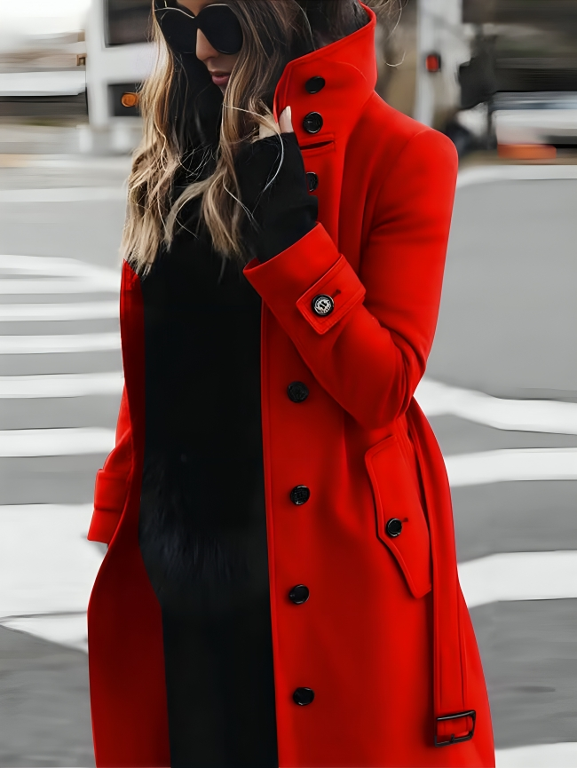 Caprine | Manteau long femme en coton col montant avec ceinture et boutons