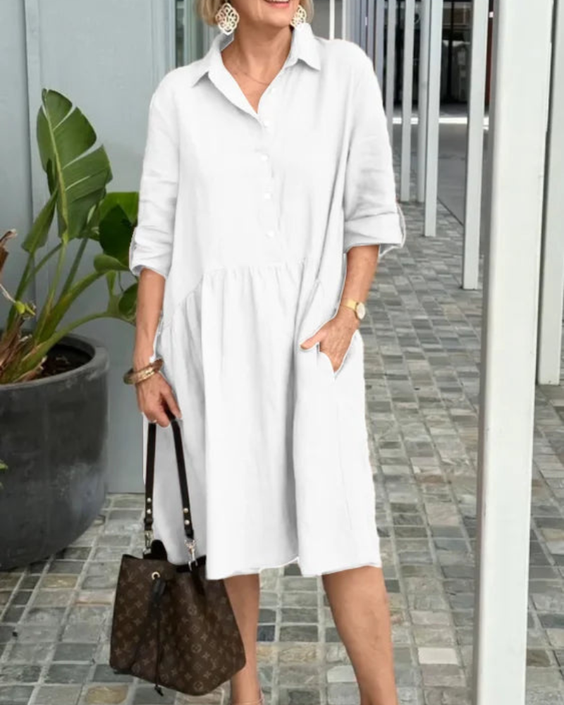Floriane | Robe Midi Femme Lin Été Coupe Ample à Col Revers et Boutons avec Poches