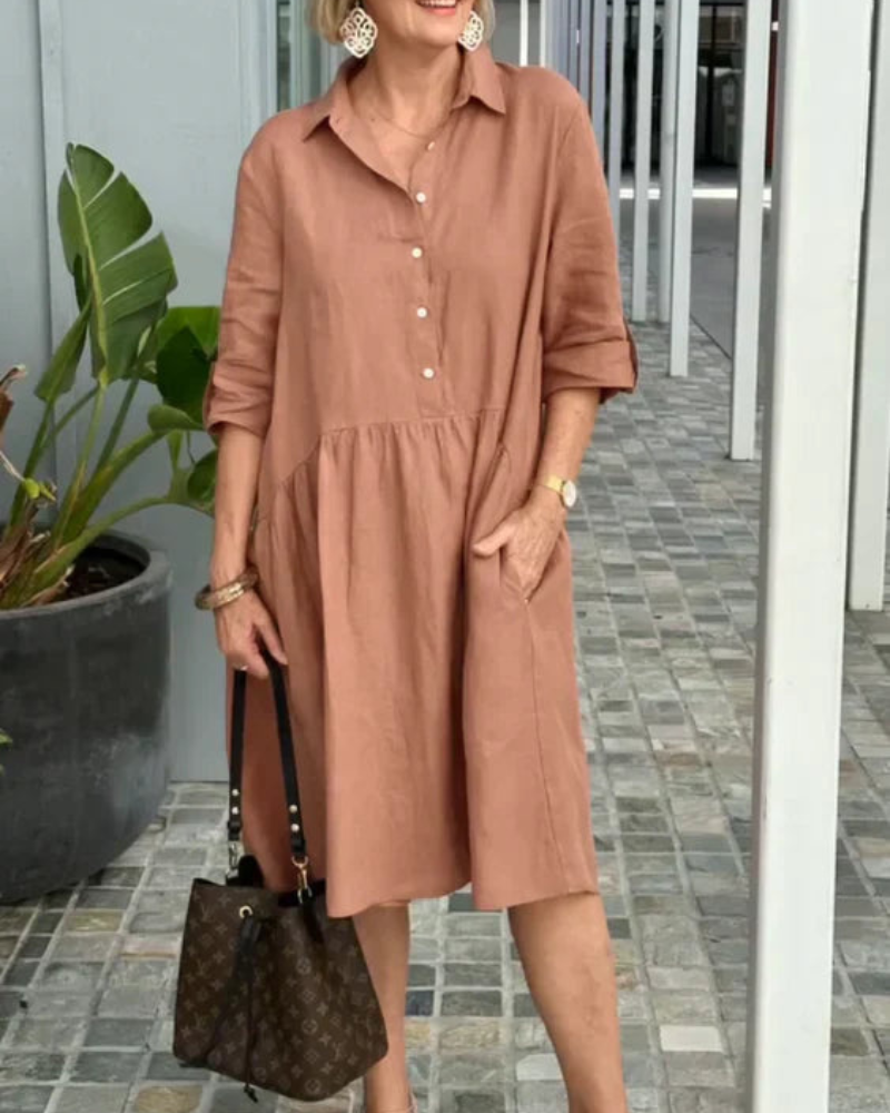 Floriane | Robe Midi Femme Lin Été Coupe Ample à Col Revers et Boutons avec Poches