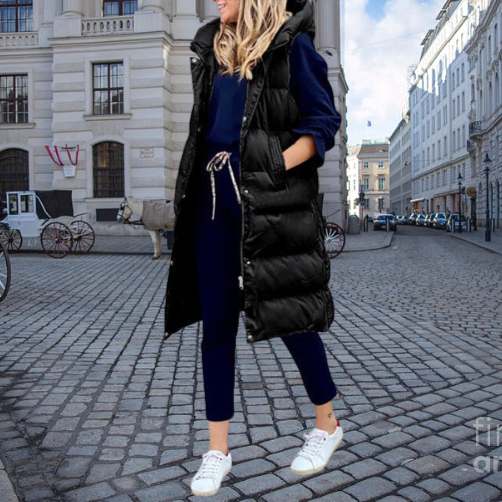 Chandrelle | Gilet long matelassé pour femme avec capuche et poches, coton chaud et confortable