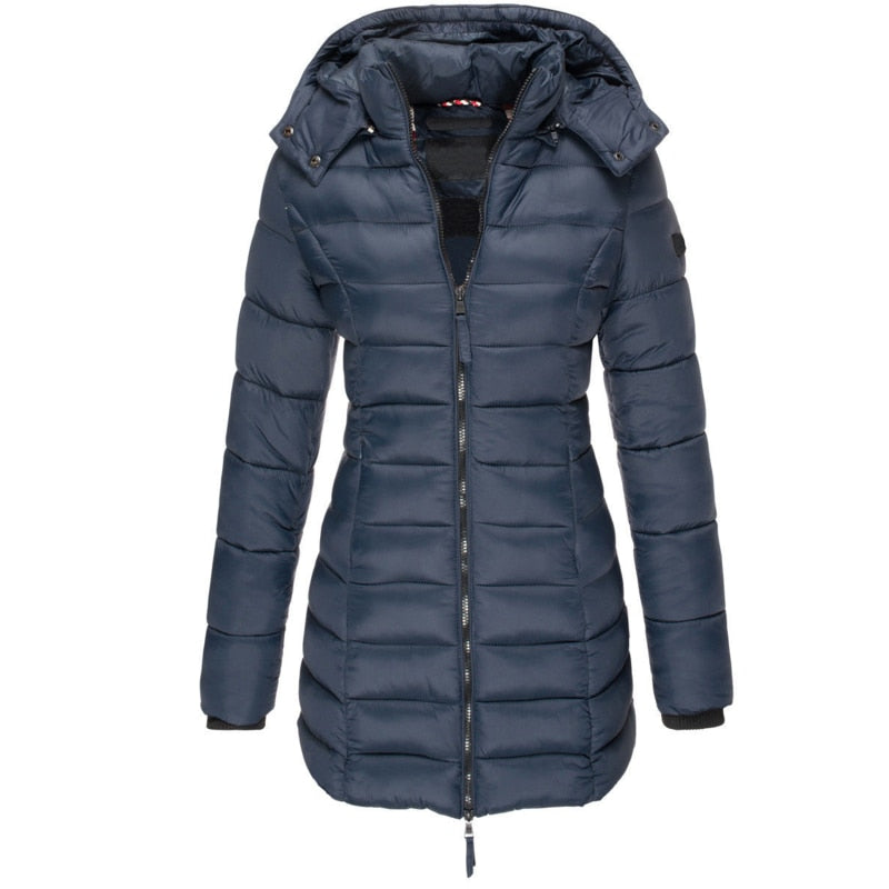 Caralina | Manteau Femme Hiver Long Matelassé avec Capuche, Poches & Fermeture Éclair