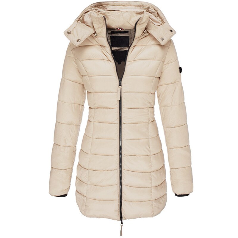 Caralina | Manteau Femme Hiver Long Matelassé avec Capuche, Poches & Fermeture Éclair