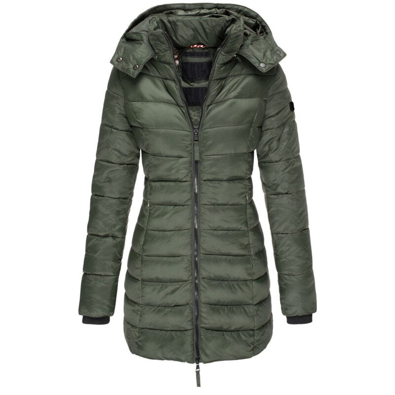 Caralina | Manteau Femme Hiver Long Matelassé avec Capuche, Poches & Fermeture Éclair