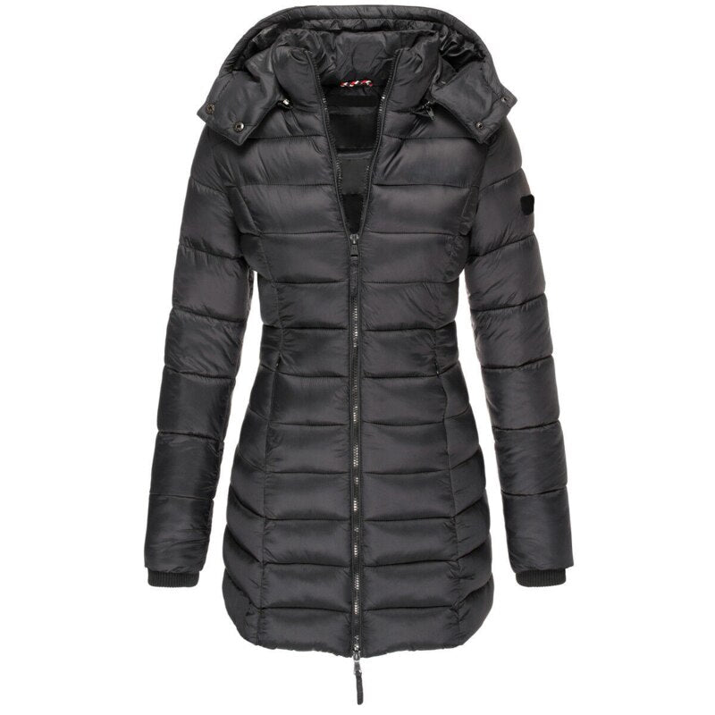 Caralina | Manteau Femme Hiver Long Matelassé avec Capuche, Poches & Fermeture Éclair