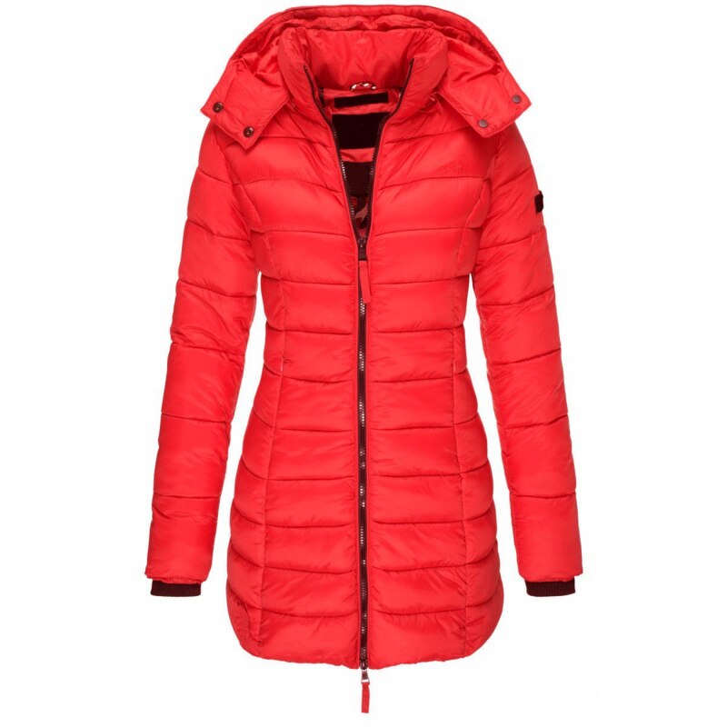 Caralina | Manteau Femme Hiver Long Matelassé avec Capuche, Poches & Fermeture Éclair
