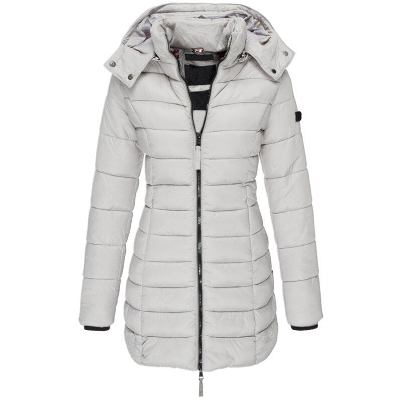 Caralina | Manteau Femme Hiver Long Matelassé avec Capuche, Poches & Fermeture Éclair
