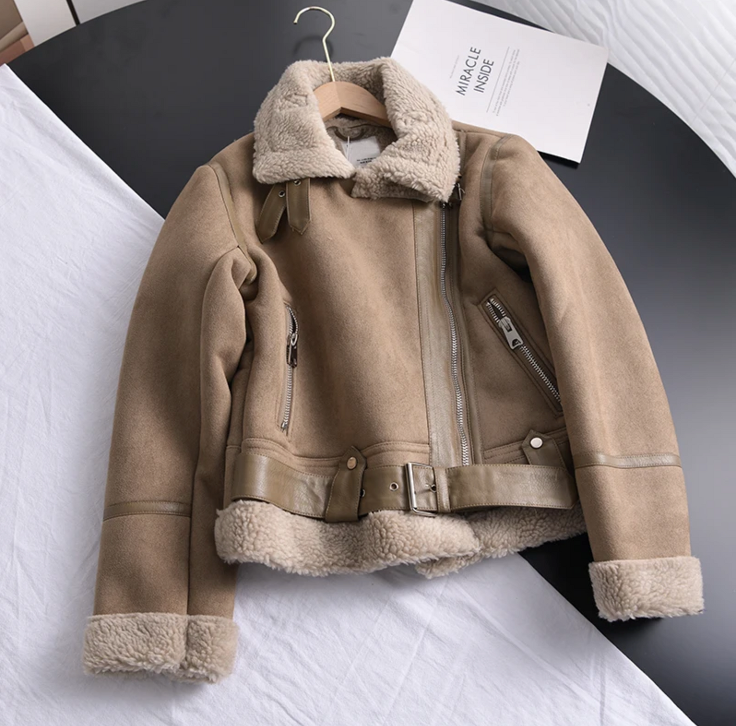 Amarine | Veste Biker Femme Courte avec Col, Fermeture Éclair et Doublure Chaude