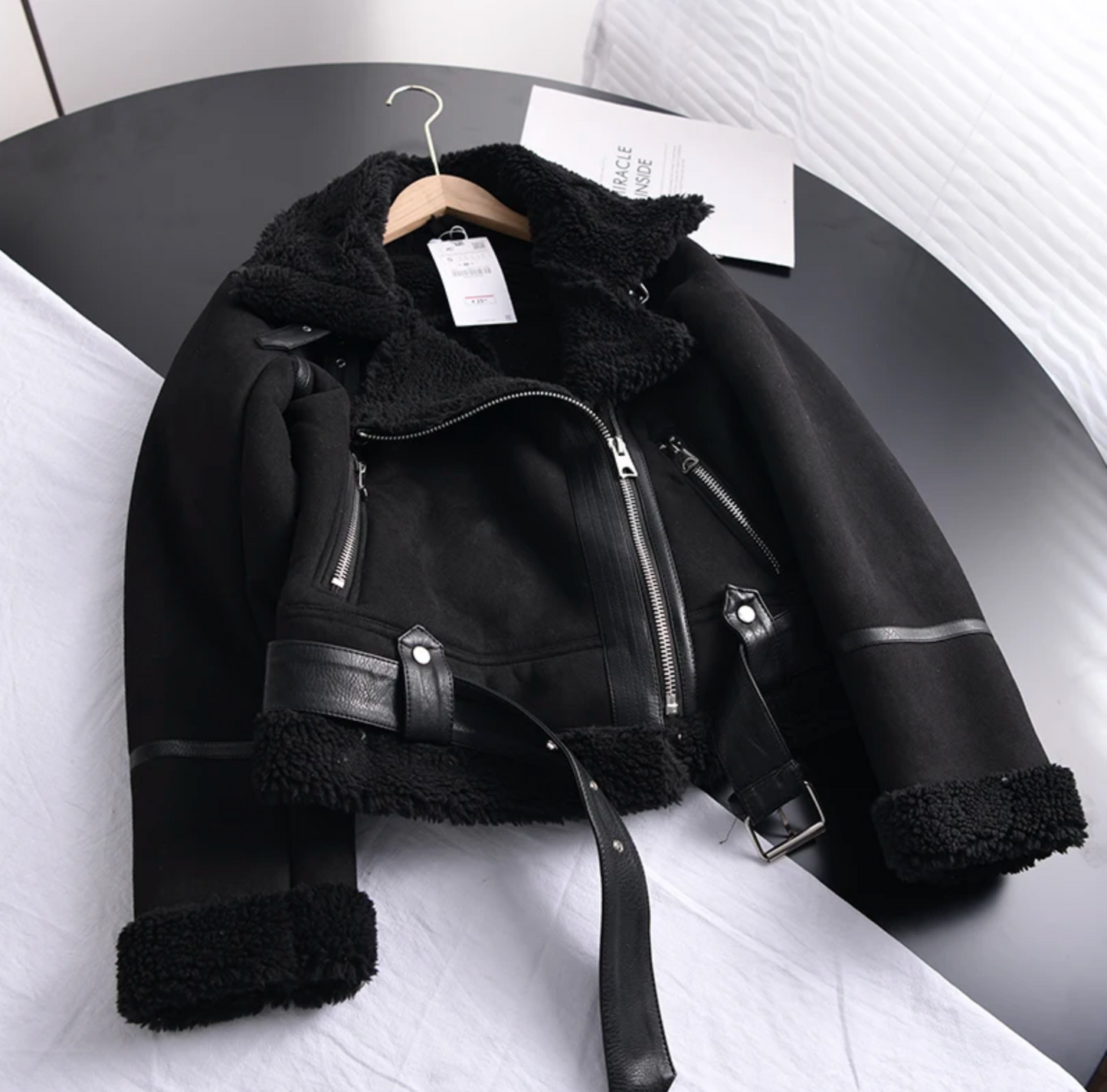 Amarine | Veste Biker Femme Courte avec Col, Fermeture Éclair et Doublure Chaude