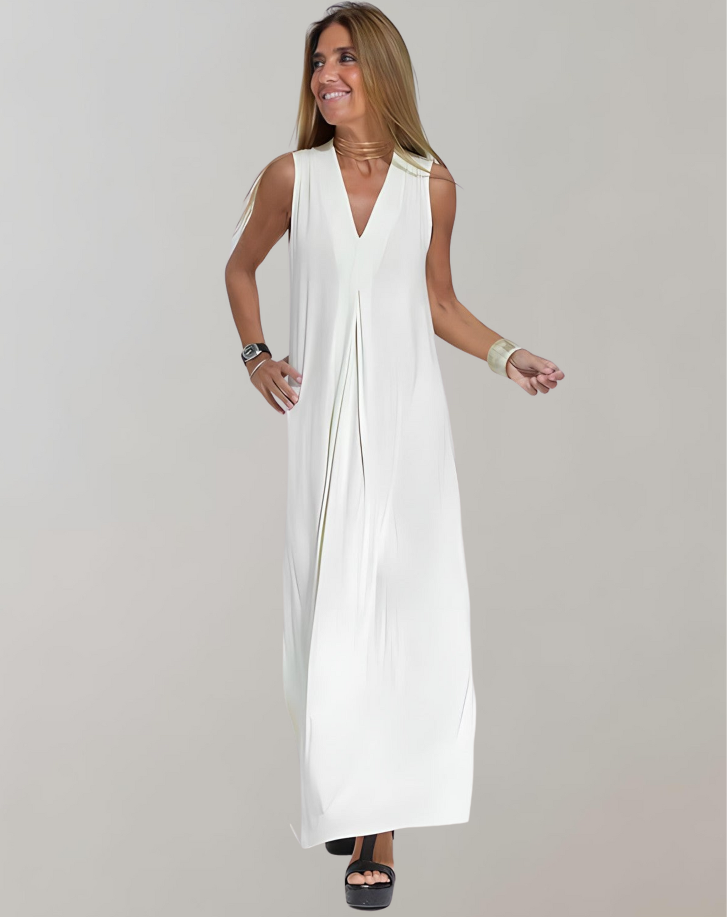 Philomène | Robe Longue Lin Femme Été – Sans Manches, Fendue & Col V Épuré