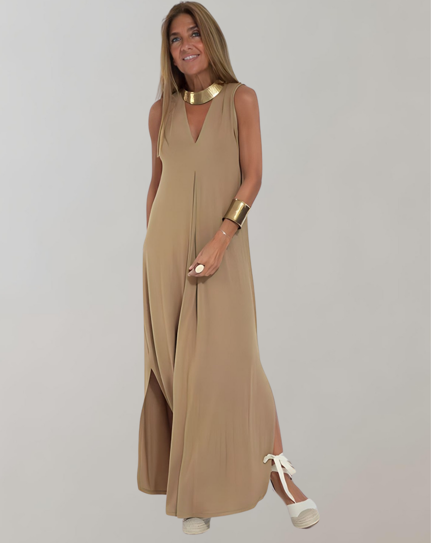 Philomène | Robe Longue Lin Femme Été – Sans Manches, Fendue & Col V Épuré