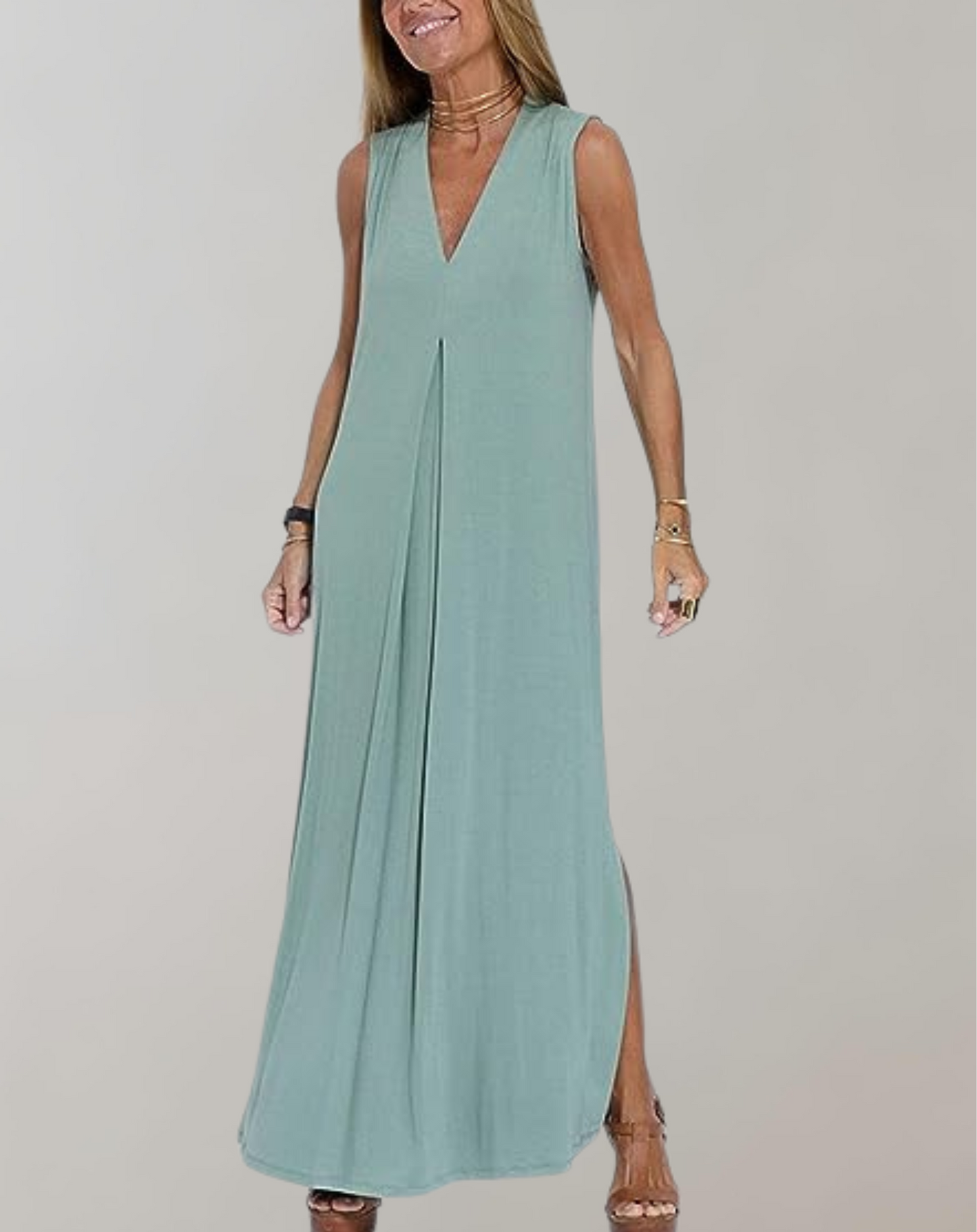 Philomène | Robe Longue Lin Femme Été – Sans Manches, Fendue & Col V Épuré