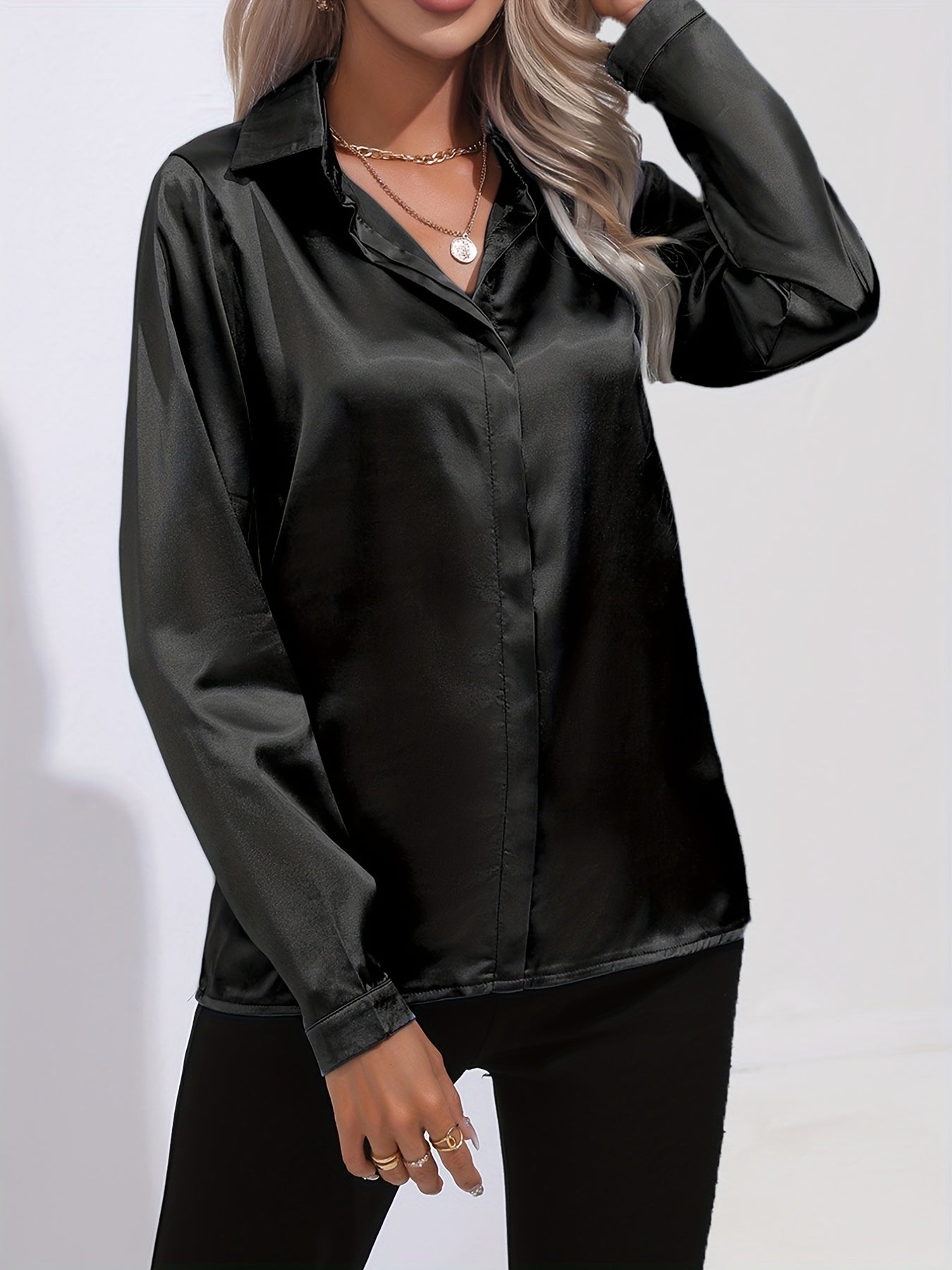 Ardeline | Blouse Satinée Femme Unie Col Revers Boutonnée Manches Longues