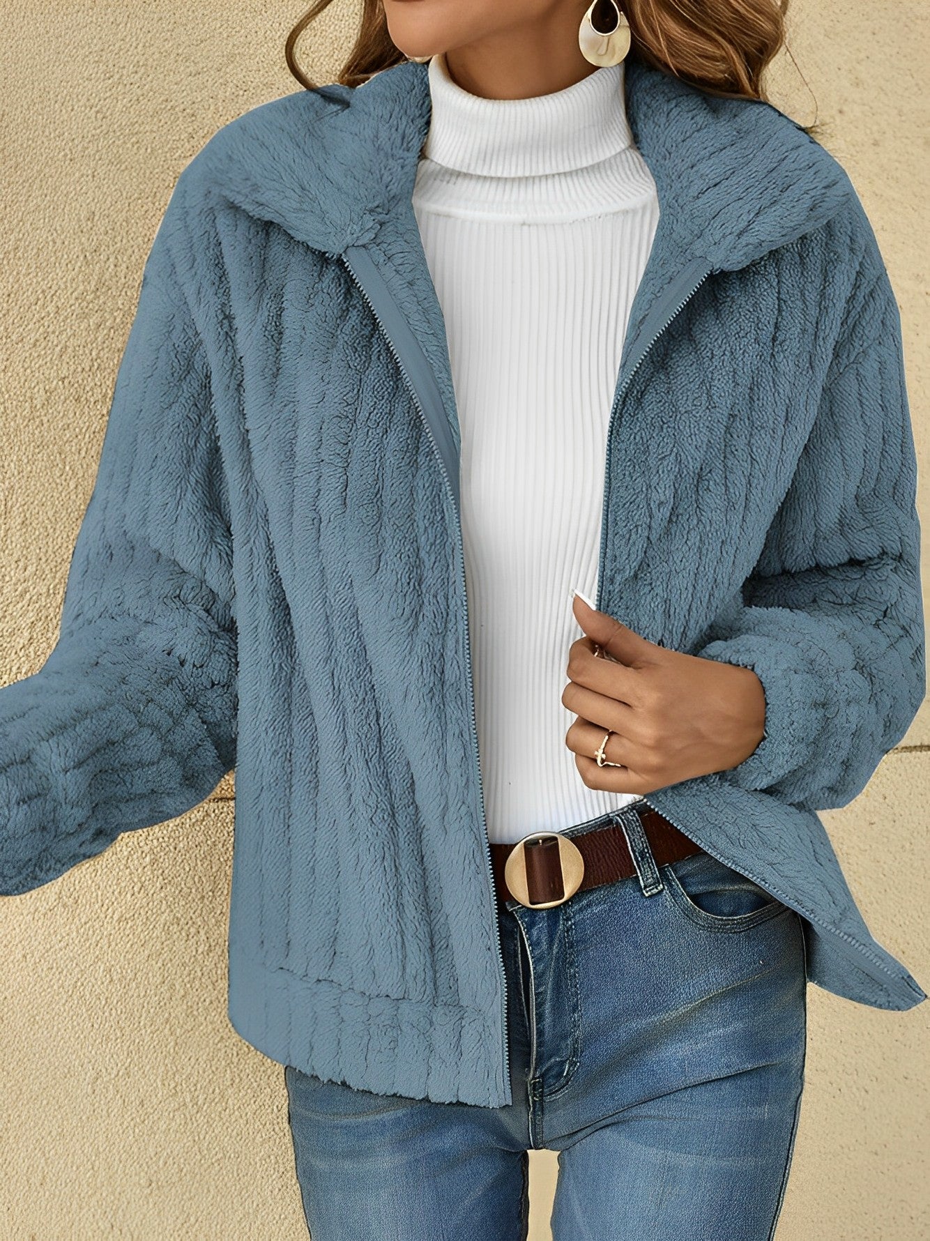 Estée | Teddy Jacket Femme Courte Zippée à Col Revers Chic et Confortable