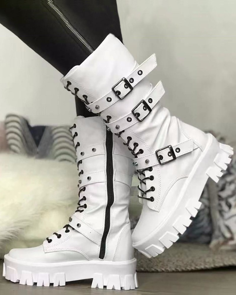 Célestisse | Bottes militaires femme blanches avec semelle robuste et boucles ajustables