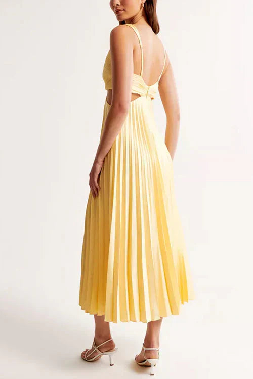 Liorane | Robe Midi Plissée Femme Décolleté Profond et Taille Découpée Élégante