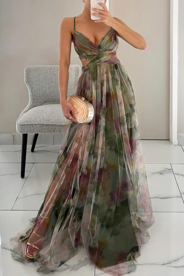 Malou | Robe Maxi Formelle Décolleté V Profond avec Liens au Dos, Taille Ouverte, Dégradé Multicolore Tulle A-ligne