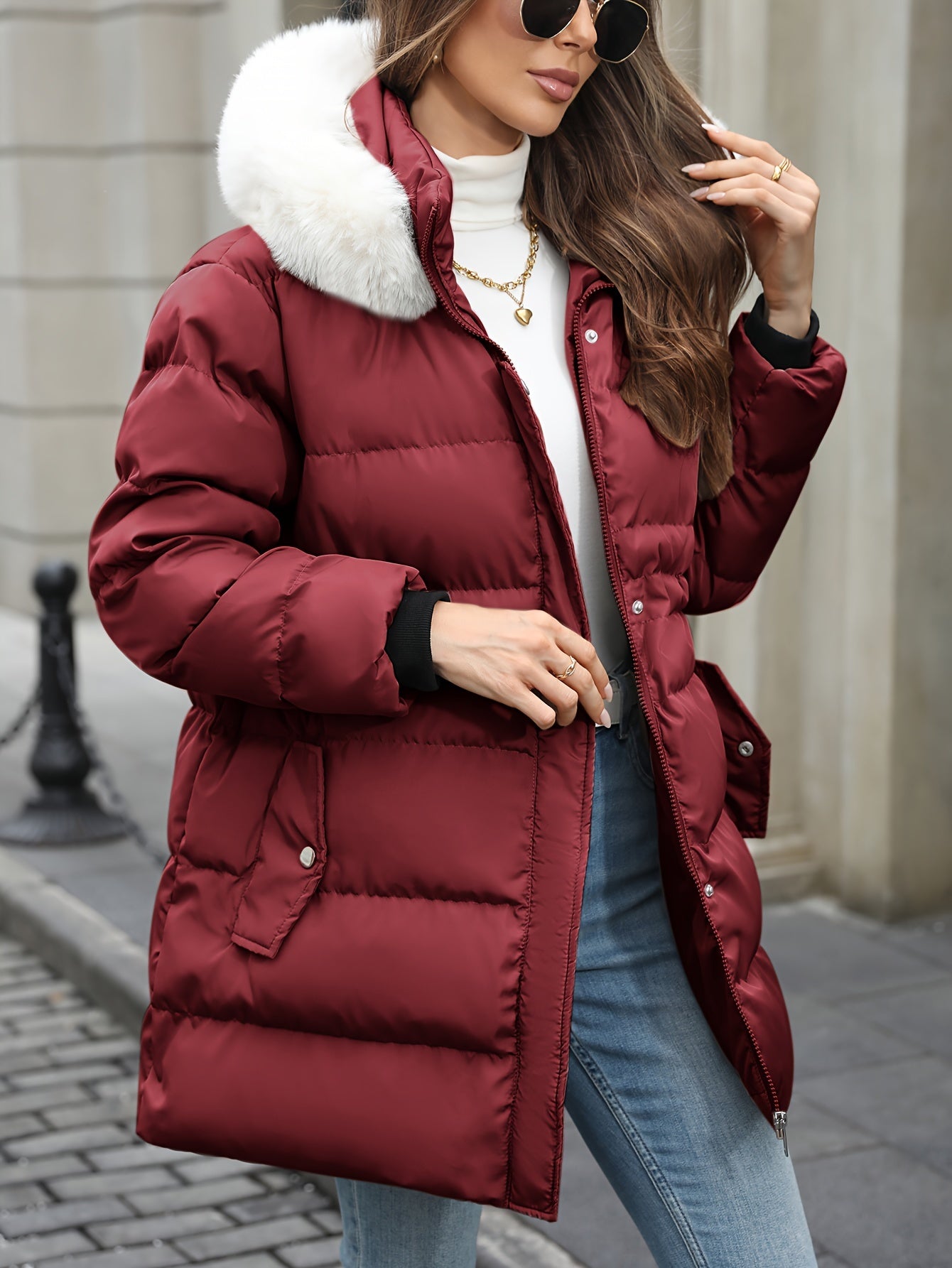 Gislaine | Doudoune Femme Zippée avec Capuche en Fourrure | Veste Hiver Chaude Matelassée