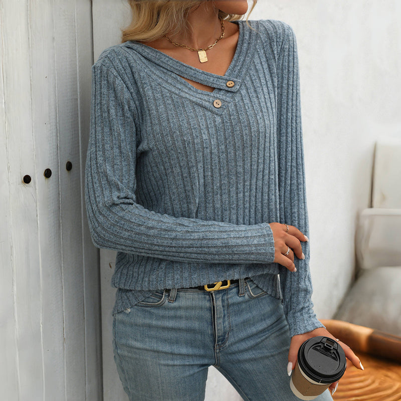 Eulalise | Pull élégant uni à col en V avec détails boutonnés pour femme