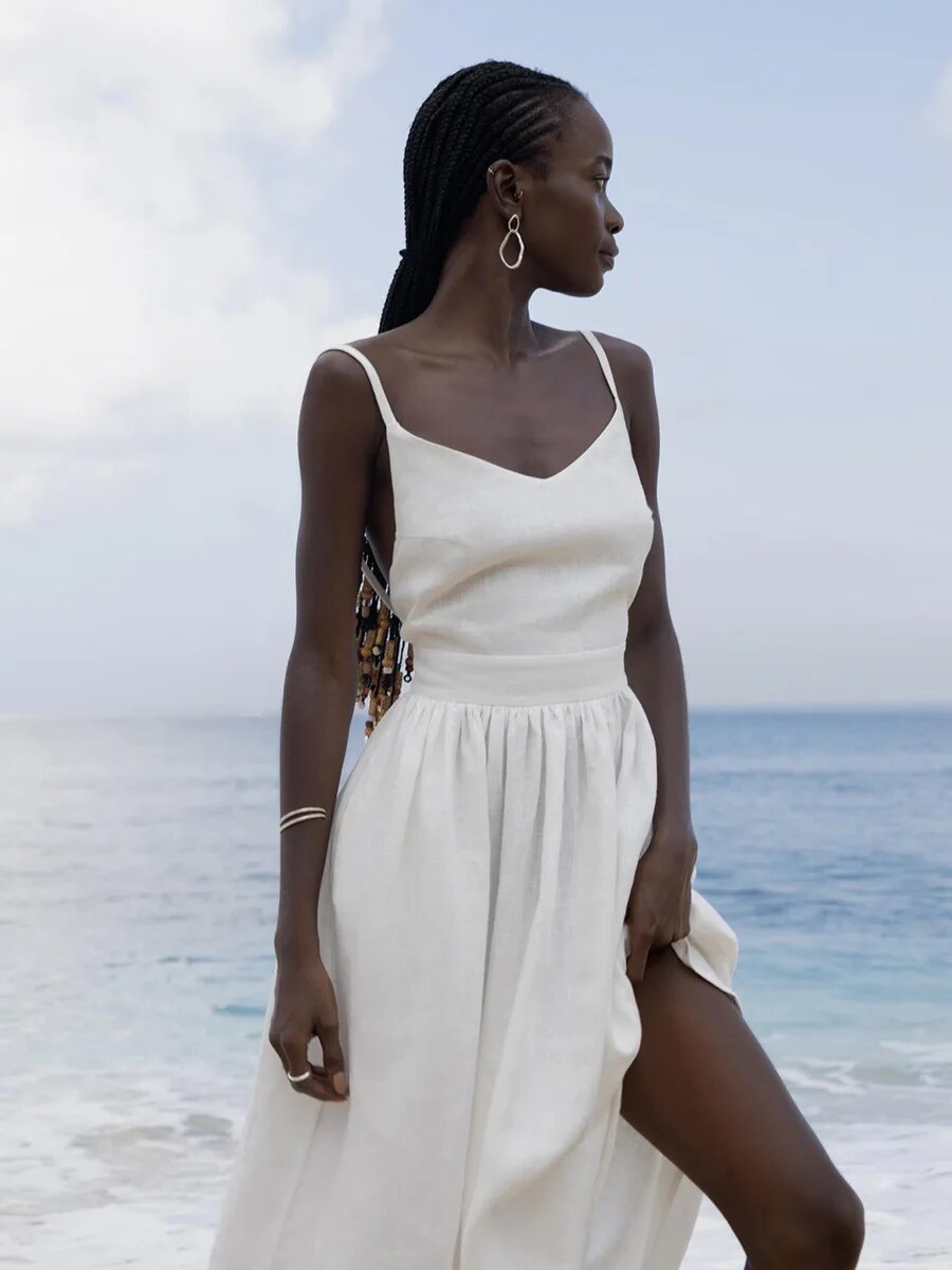 Rithane | Robe d’Été Maxi en Lin, Dos Nu avec Bretelles à Nouer