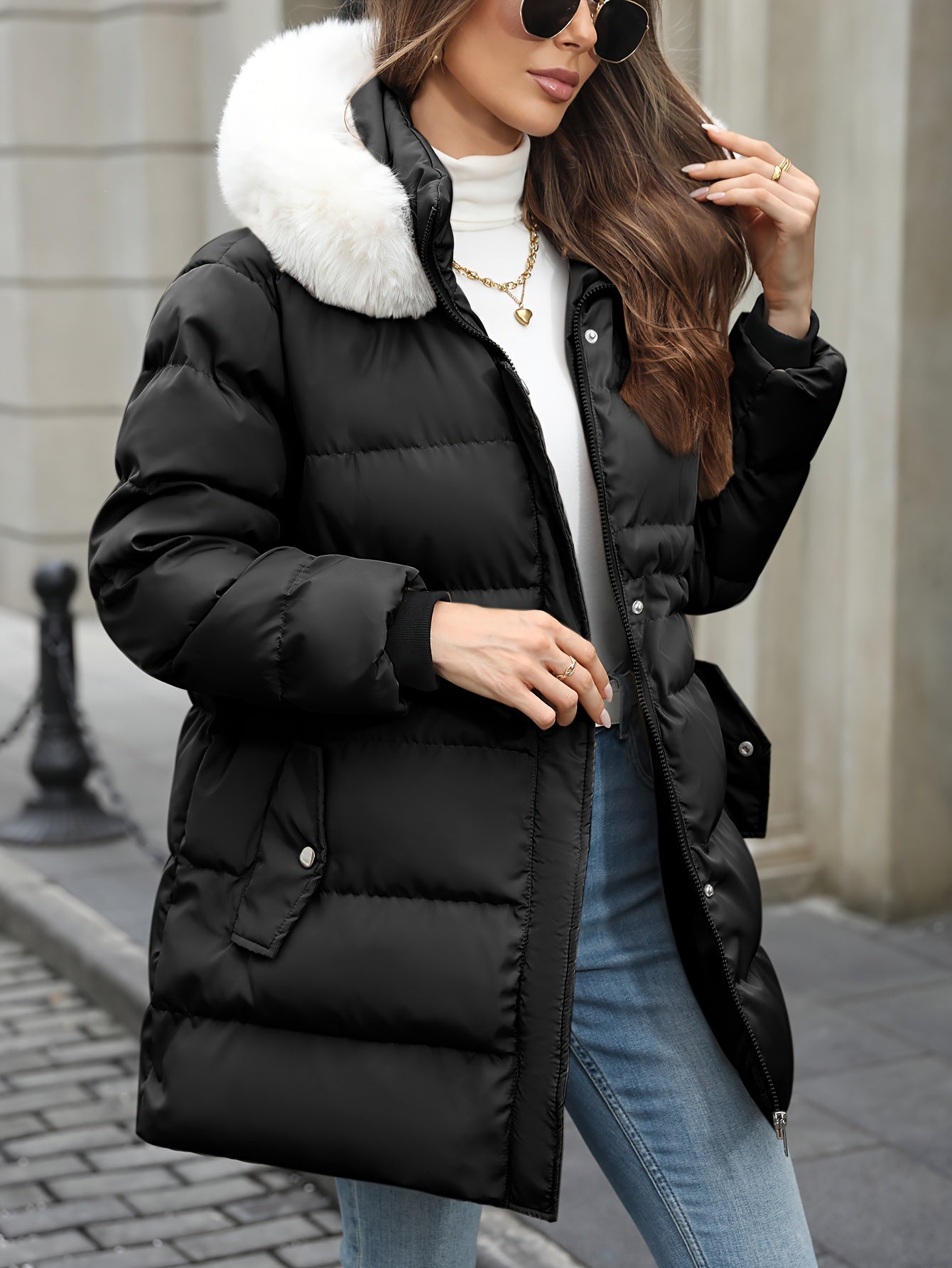 Gislaine | Doudoune Femme Zippée avec Capuche en Fourrure | Veste Hiver Chaude Matelassée
