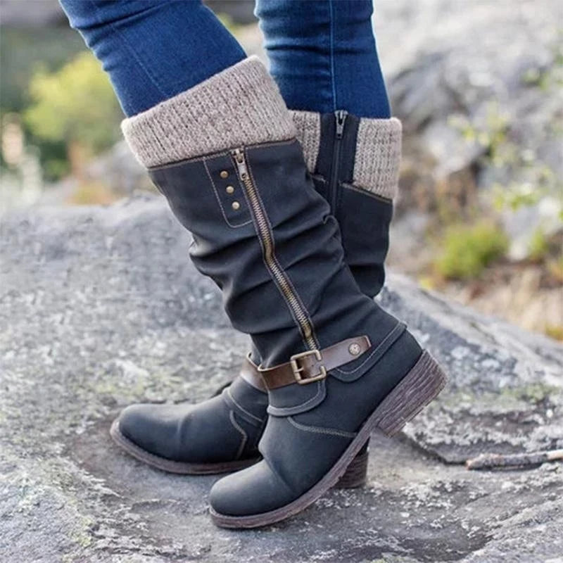 Blandine | Bottes Hautes Hiver Femme à Talon Bloc avec Fermeture Éclair Côté
