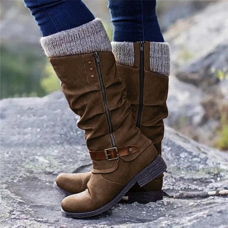 Blandine | Bottes Hautes Hiver Femme à Talon Bloc avec Fermeture Éclair Côté