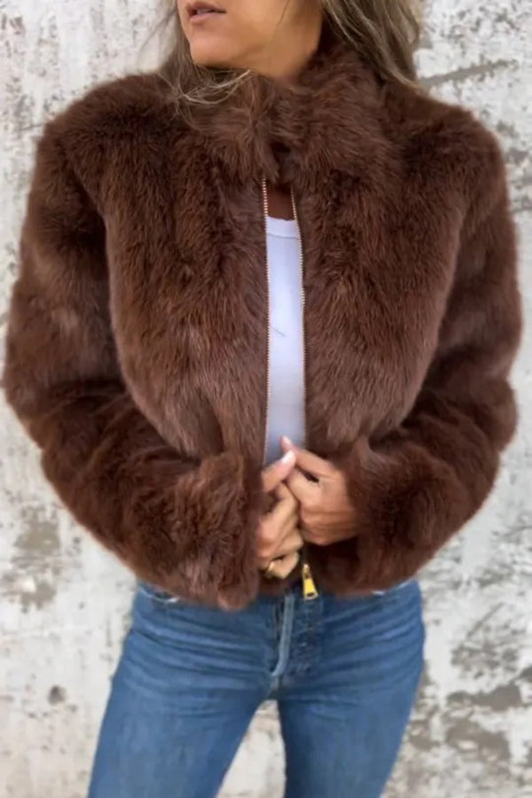 Béraldine | Veste Femme Mode en Fausse Fourrure à Col Montant et Fermeture Éclair