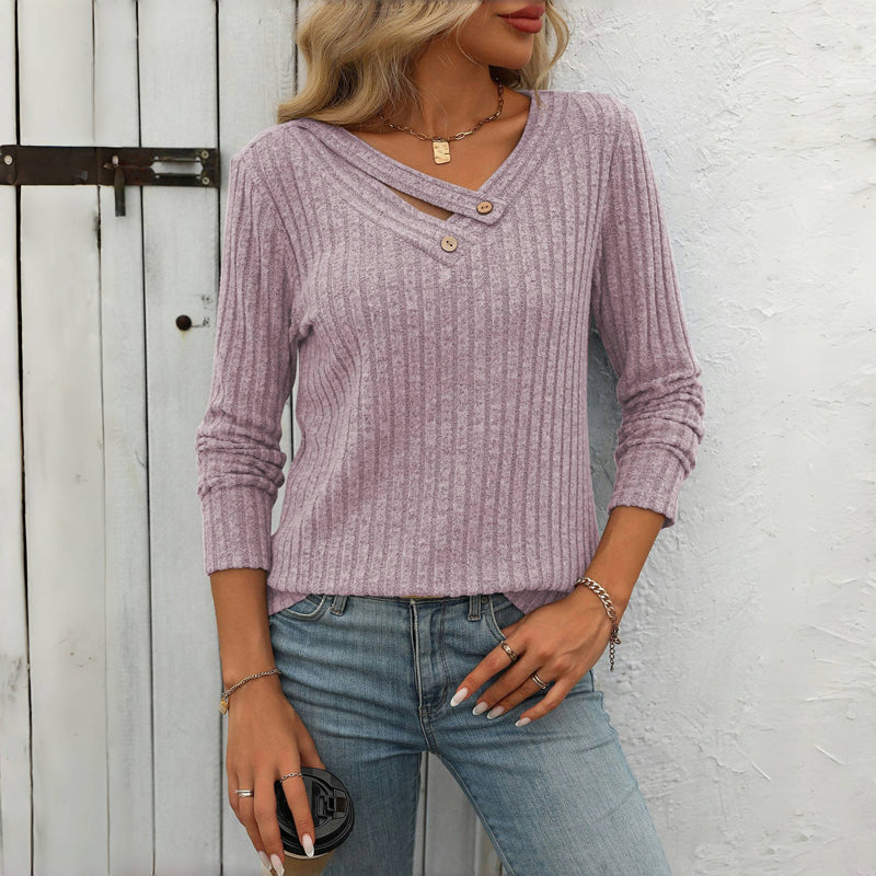 Eulalise | Pull élégant uni à col en V avec détails boutonnés pour femme