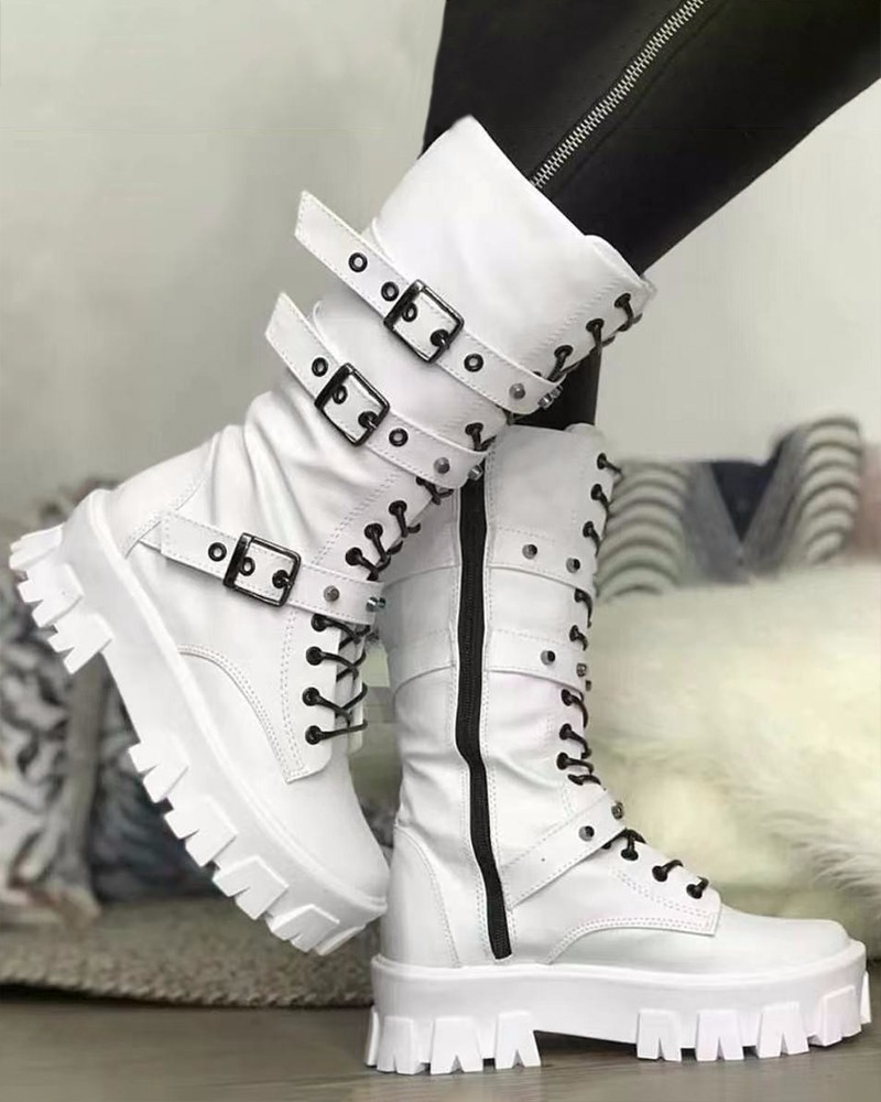 Célestisse | Bottes militaires femme blanches avec semelle robuste et boucles ajustables