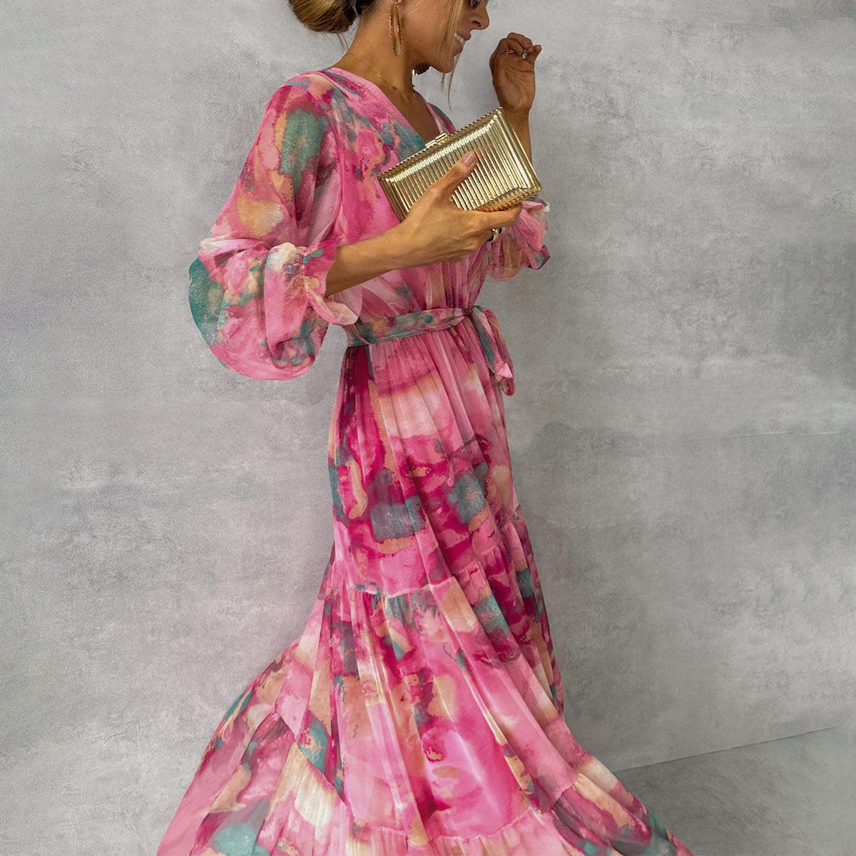 Capucine | Robe d’Été Femme Dégradé Rose – Manches Longues – Élégante & Fluide – Col en V Ceinturé