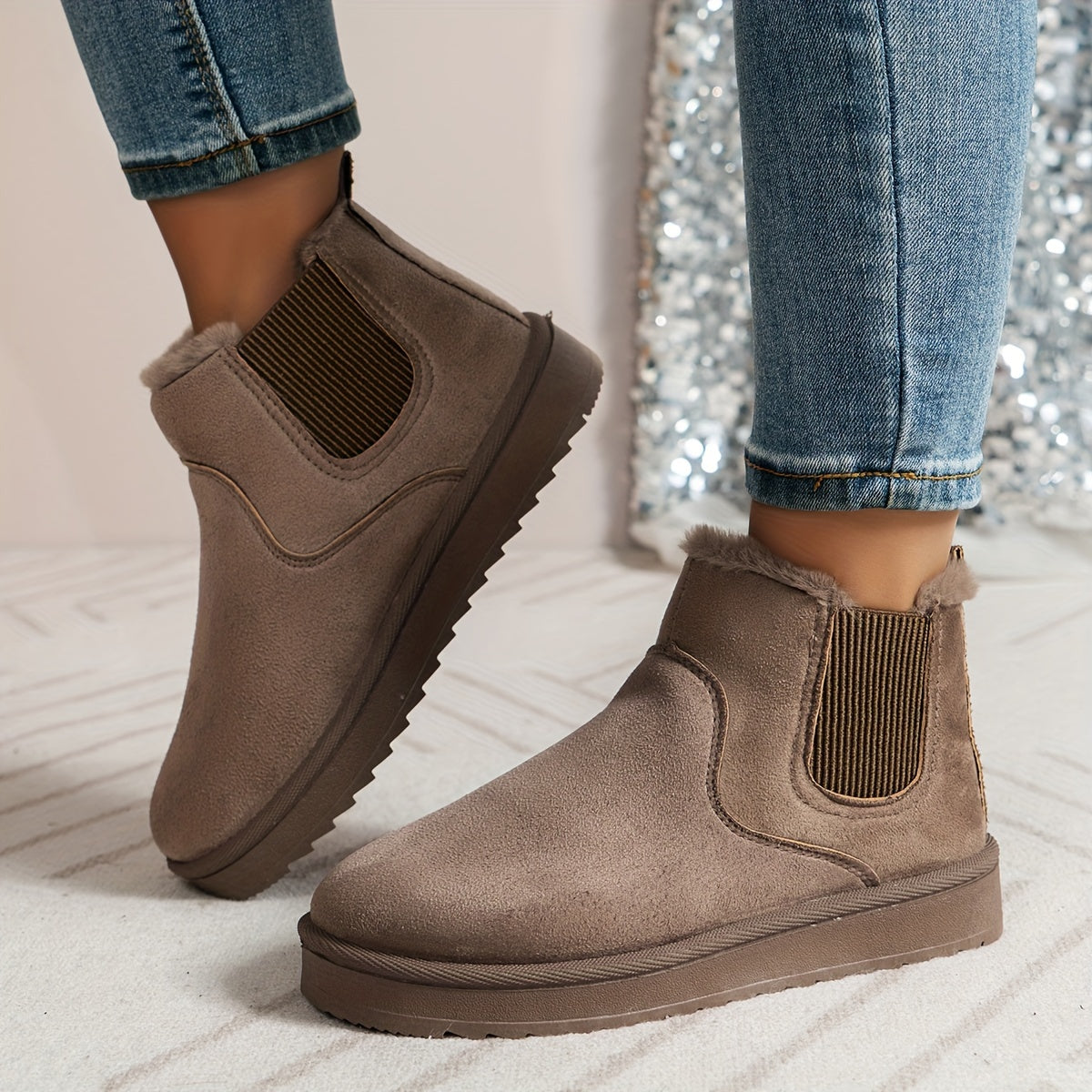 Audeline-Rose | Bottes Hiver Femme Slip-On avec Panneaux Élastiques & Doublure Chaude