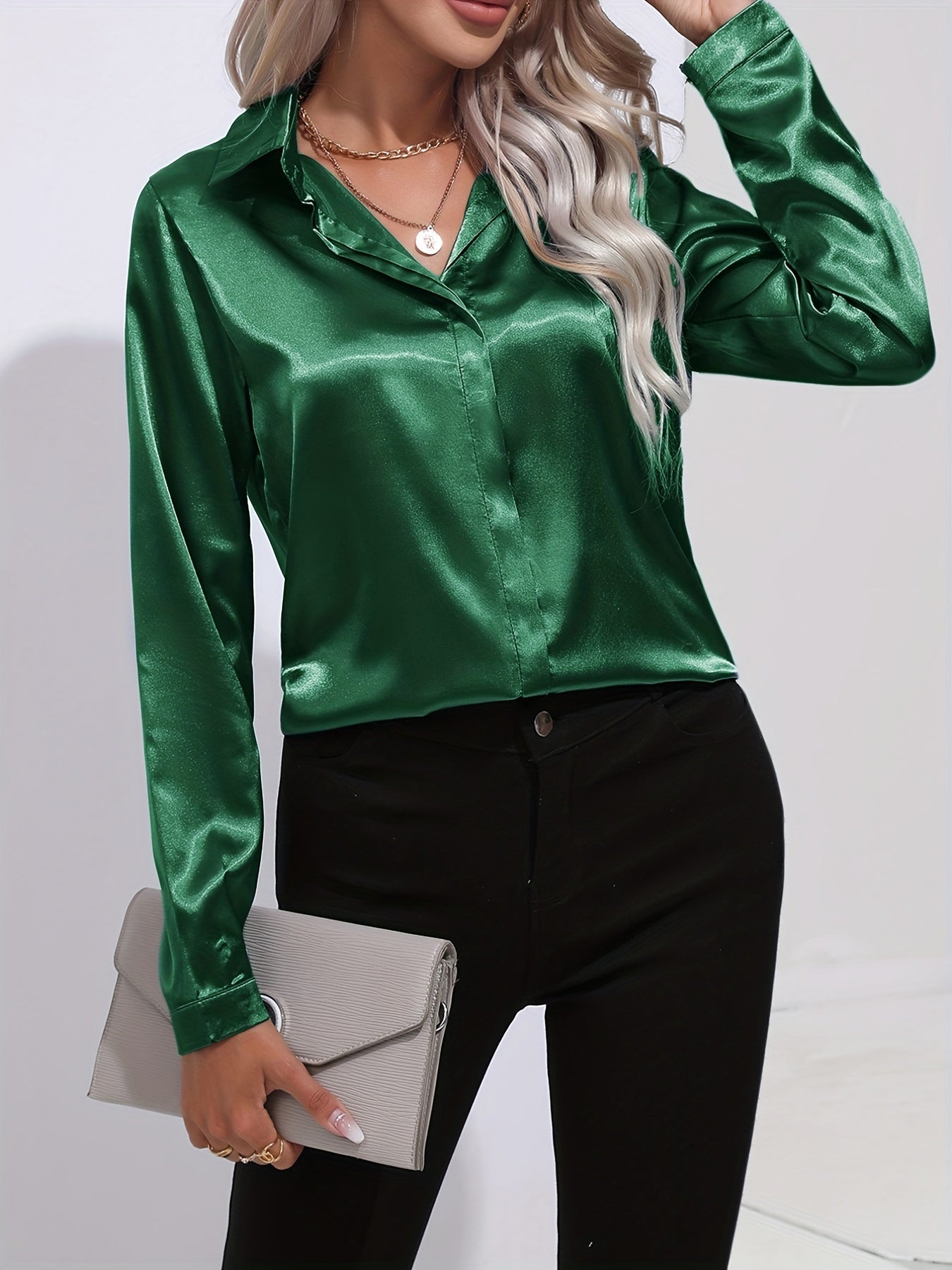 Ardeline | Blouse Satinée Femme Unie Col Revers Boutonnée Manches Longues